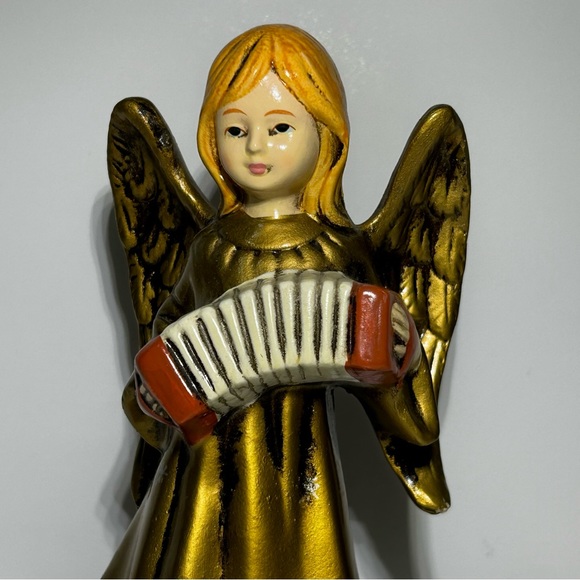 Golden Christmas Angel Holding Accordion Japan Vintage Musical Silent Night - Picture 6 of 8
